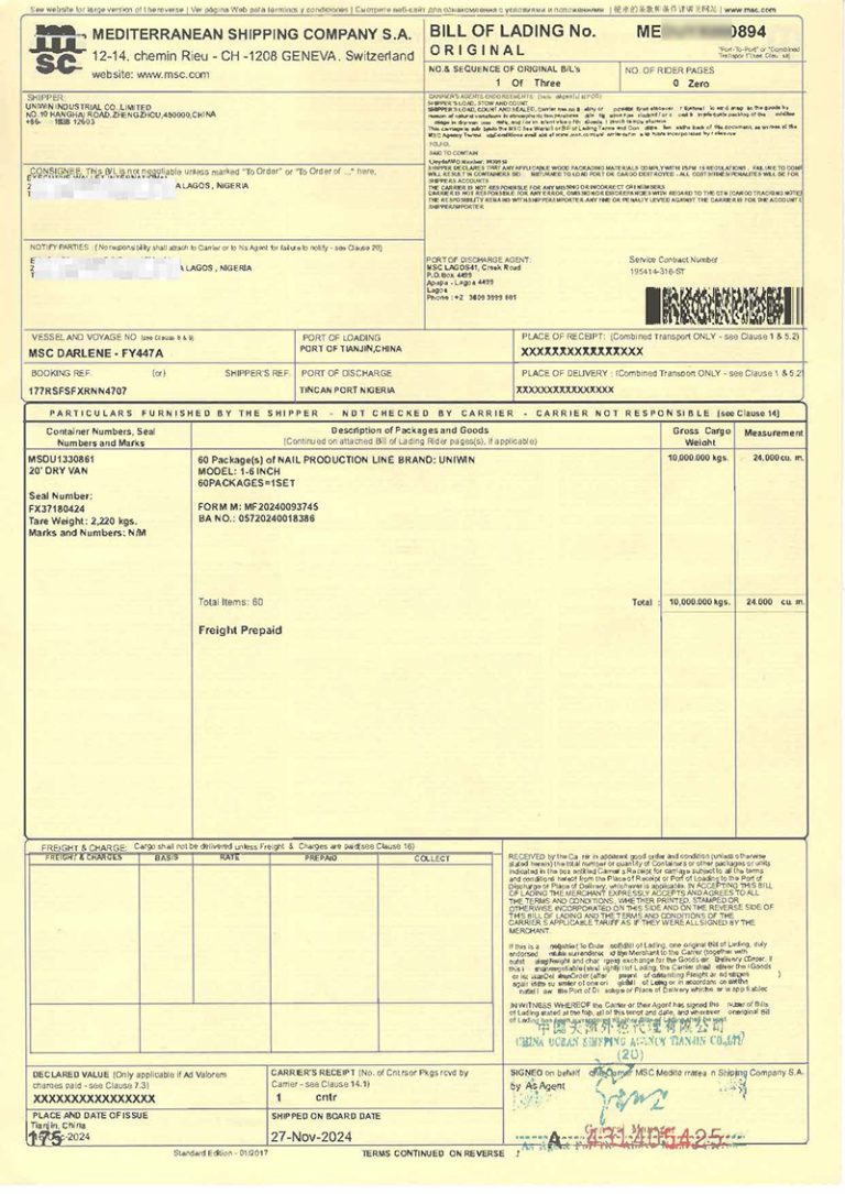 nail production line shipping to Tincan